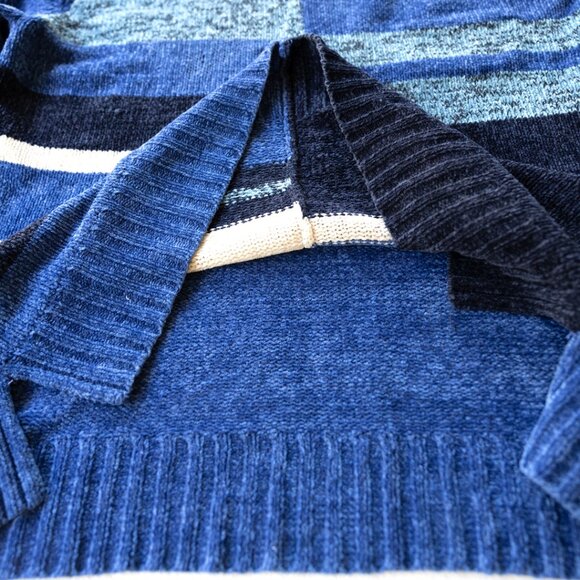 Vintage 90s Patchwork Knit Sweater Blue Striped | Retro - Picture 5 of 8